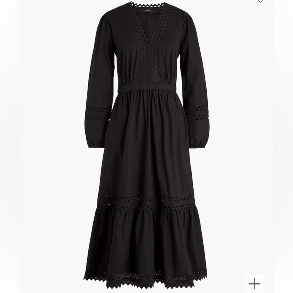 J. Crew Black Midi Sundress with Bishop Sleeves and V-Neck